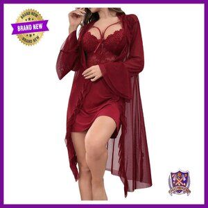 Lace Babydoll Chemise & Kimono Robe 2-Piece Sleepwear Set